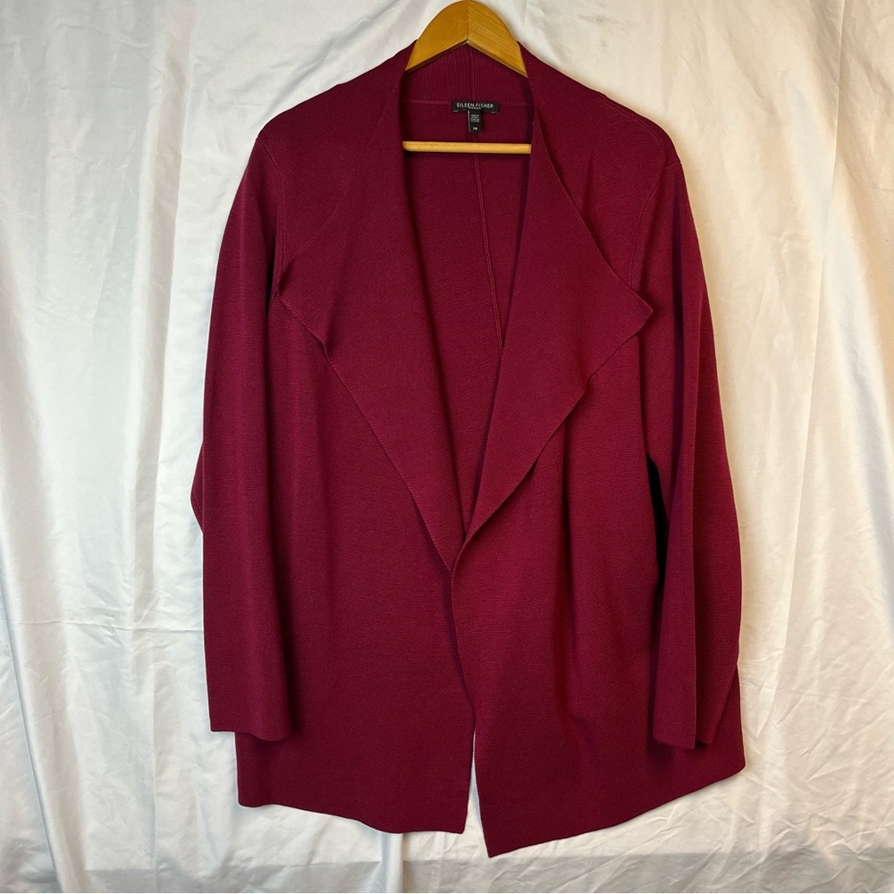 Eileen Fisher Red Silk Cotton Shawl Collar Long Cardigan Sweater Women Plus 2X